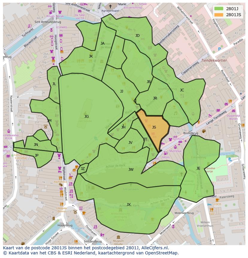 Afbeelding van het postcodegebied 2801 JS op de kaart.