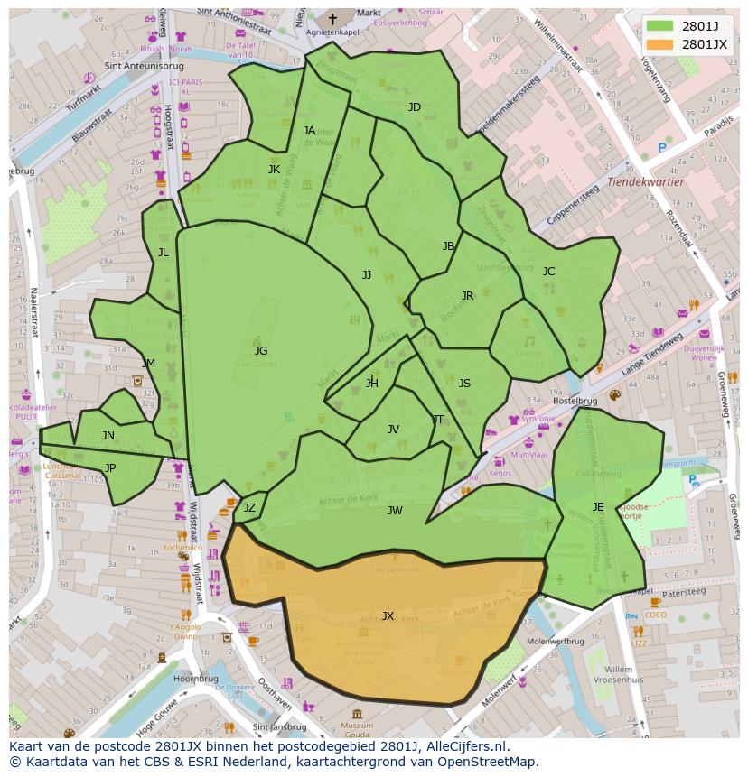 Afbeelding van het postcodegebied 2801 JX op de kaart.