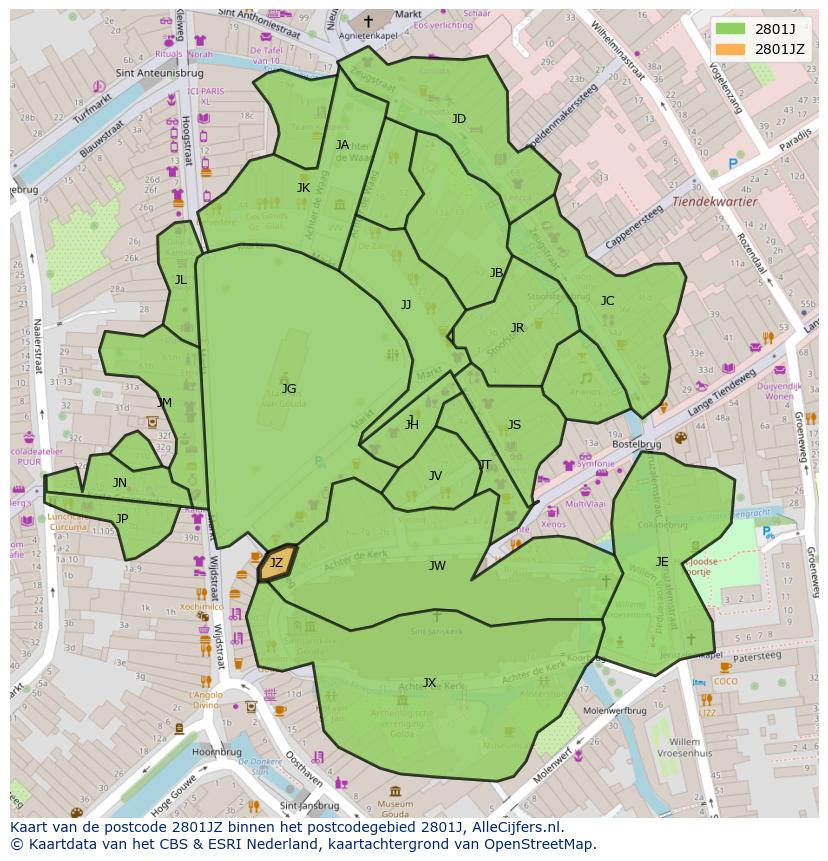 Afbeelding van het postcodegebied 2801 JZ op de kaart.