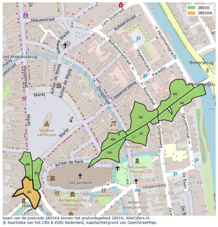 Afbeelding van het postcodegebied 2801 KA op de kaart.