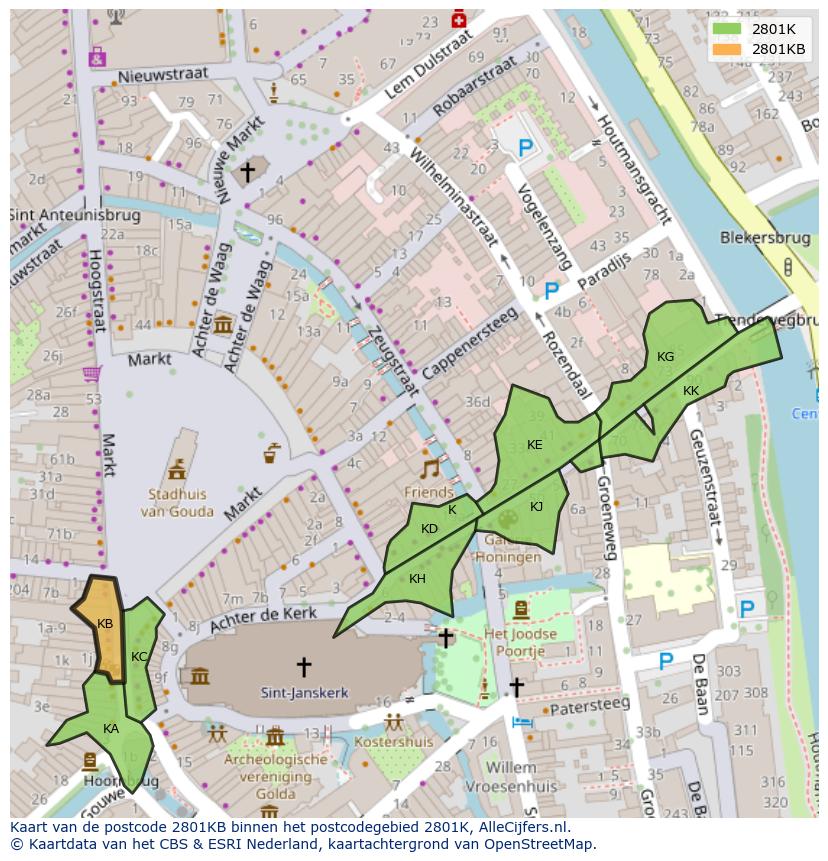 Afbeelding van het postcodegebied 2801 KB op de kaart.