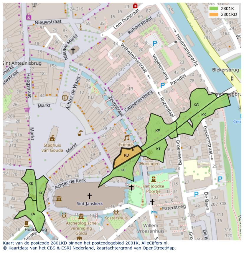 Afbeelding van het postcodegebied 2801 KD op de kaart.