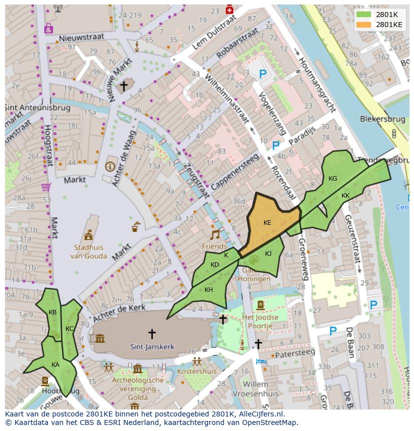 Afbeelding van het postcodegebied 2801 KE op de kaart.