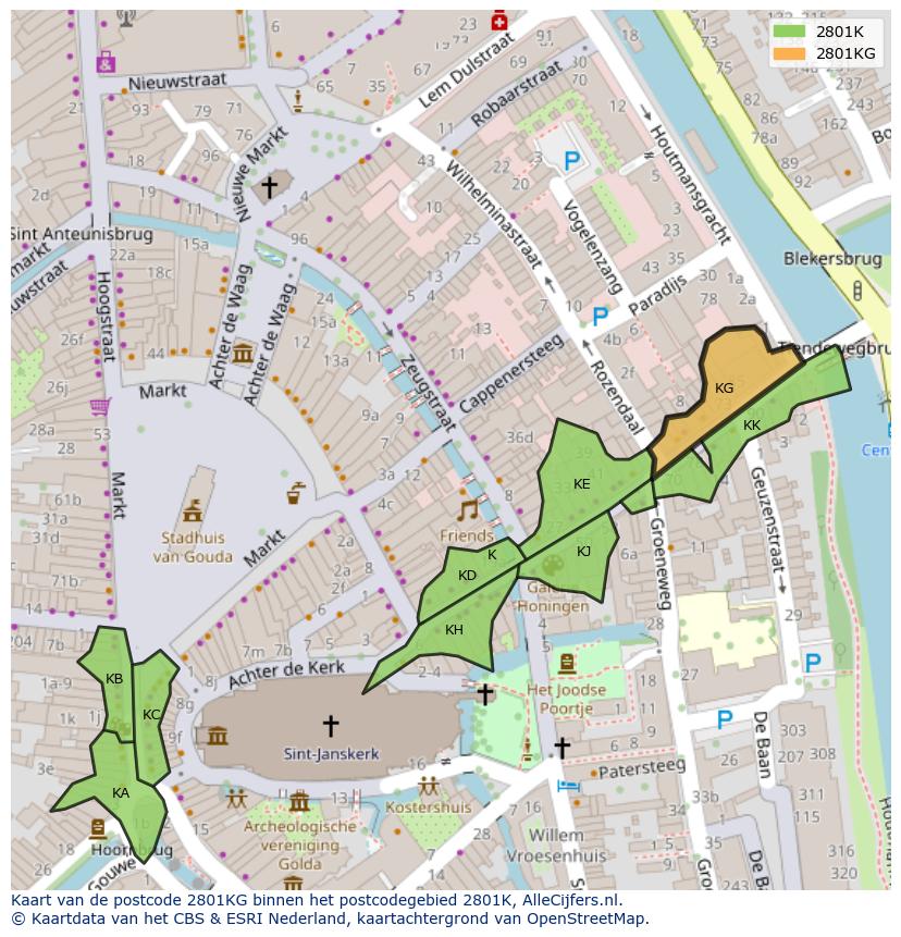 Afbeelding van het postcodegebied 2801 KG op de kaart.