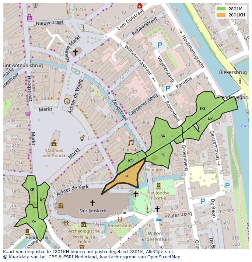 Afbeelding van het postcodegebied 2801 KH op de kaart.