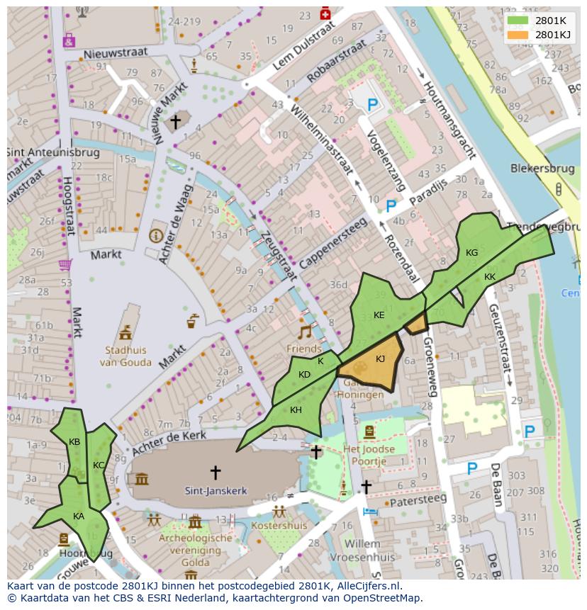 Afbeelding van het postcodegebied 2801 KJ op de kaart.