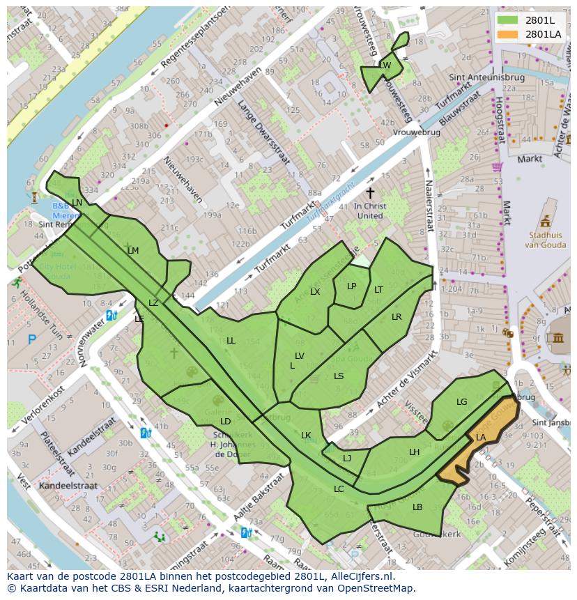 Afbeelding van het postcodegebied 2801 LA op de kaart.