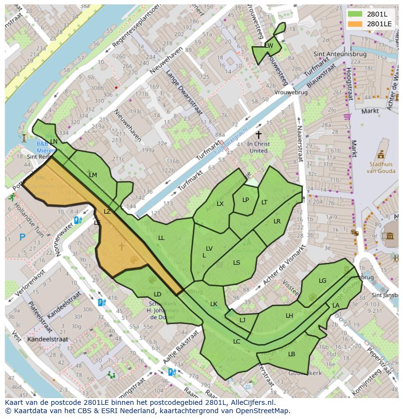 Afbeelding van het postcodegebied 2801 LE op de kaart.
