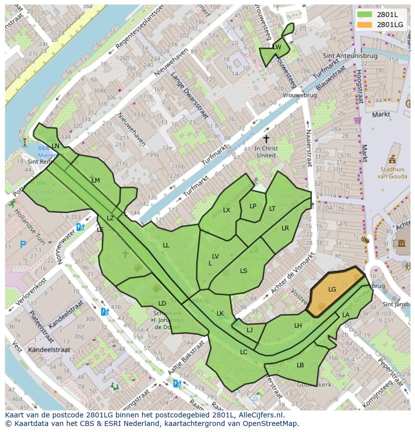 Afbeelding van het postcodegebied 2801 LG op de kaart.