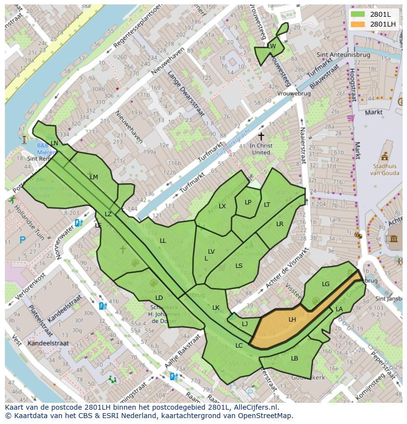 Afbeelding van het postcodegebied 2801 LH op de kaart.