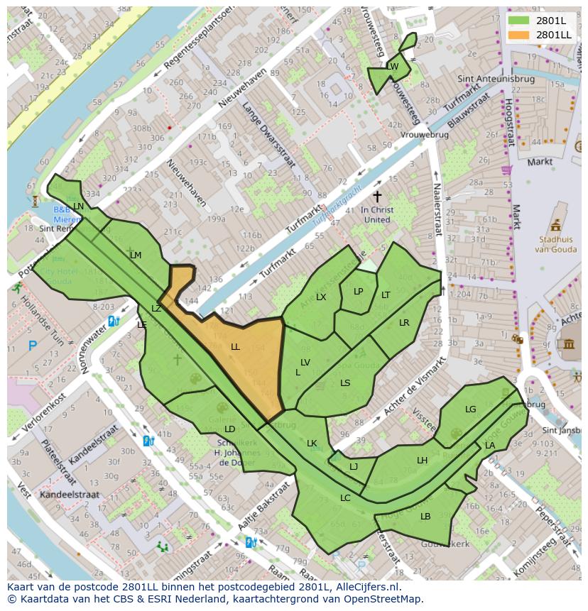 Afbeelding van het postcodegebied 2801 LL op de kaart.