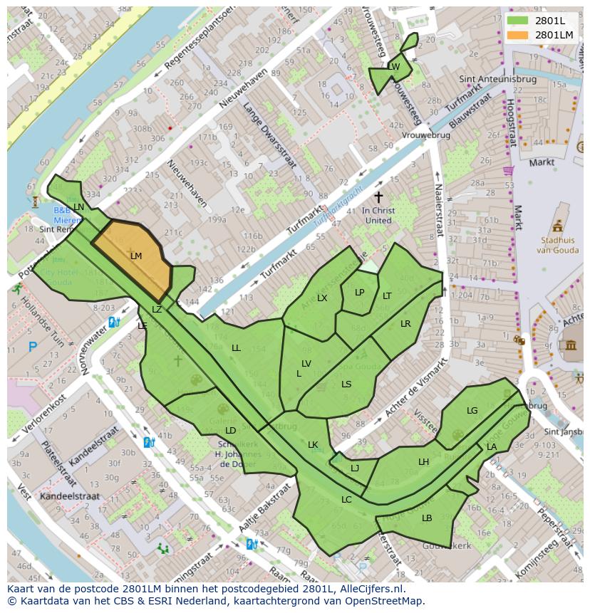 Afbeelding van het postcodegebied 2801 LM op de kaart.