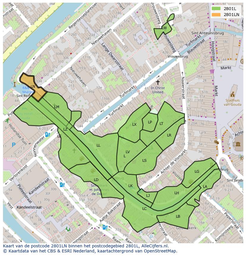 Afbeelding van het postcodegebied 2801 LN op de kaart.