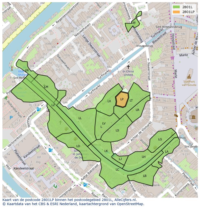 Afbeelding van het postcodegebied 2801 LP op de kaart.