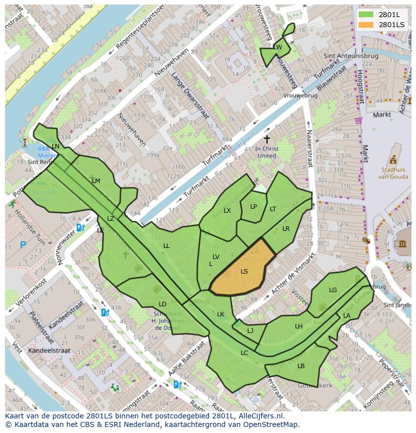 Afbeelding van het postcodegebied 2801 LS op de kaart.
