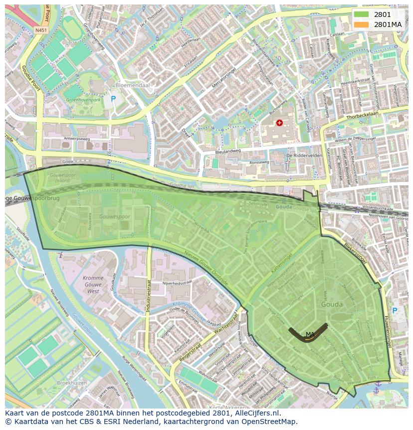 Afbeelding van het postcodegebied 2801 MA op de kaart.