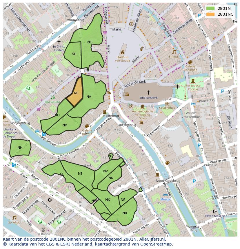 Afbeelding van het postcodegebied 2801 NC op de kaart.