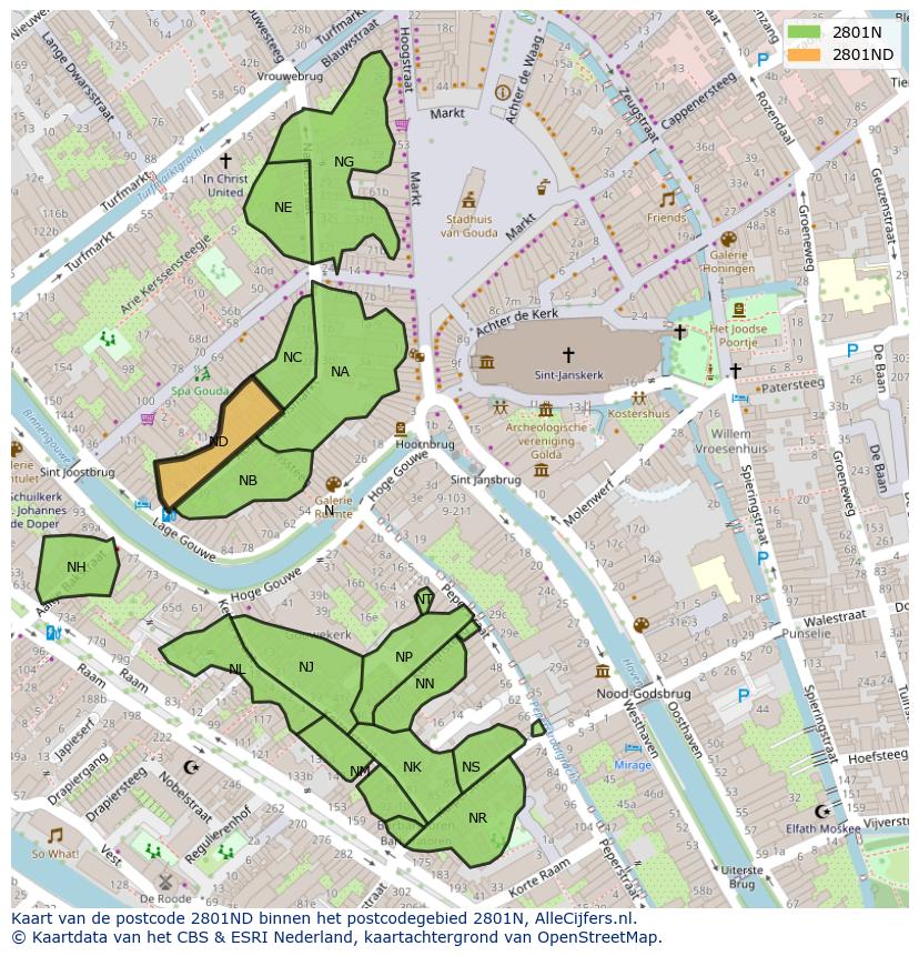 Afbeelding van het postcodegebied 2801 ND op de kaart.