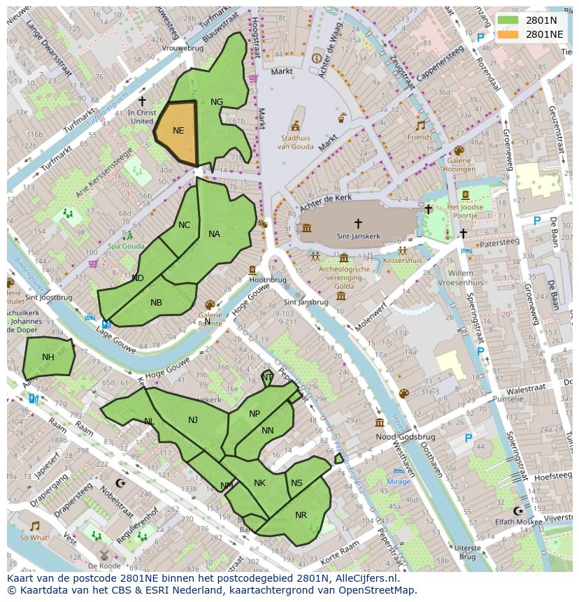 Afbeelding van het postcodegebied 2801 NE op de kaart.