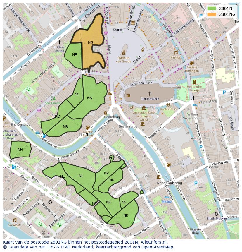 Afbeelding van het postcodegebied 2801 NG op de kaart.