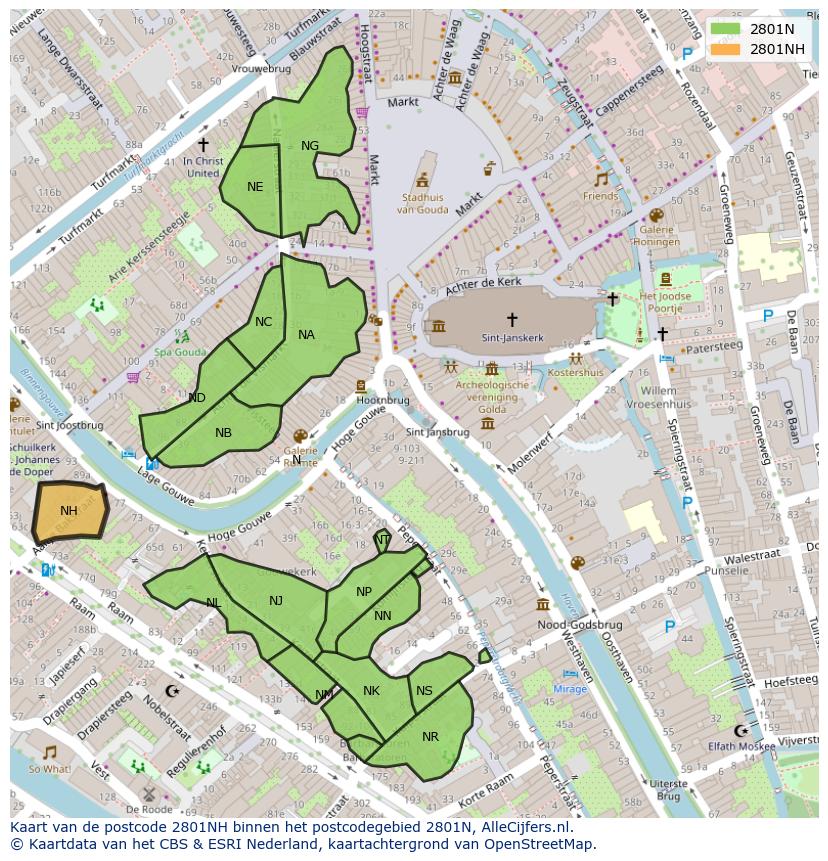 Afbeelding van het postcodegebied 2801 NH op de kaart.
