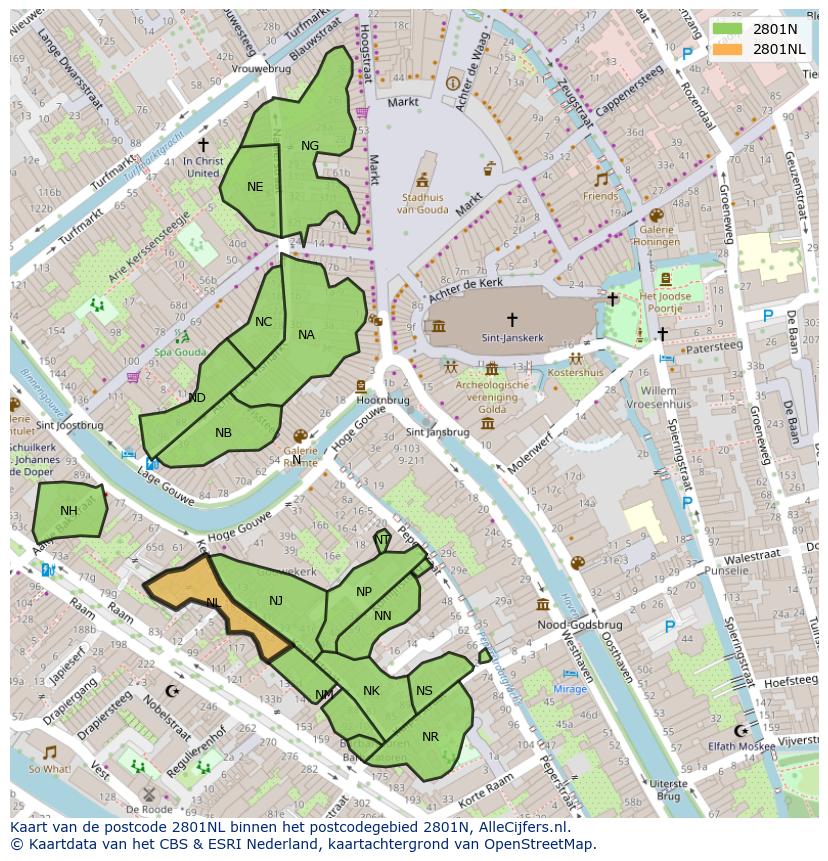 Afbeelding van het postcodegebied 2801 NL op de kaart.