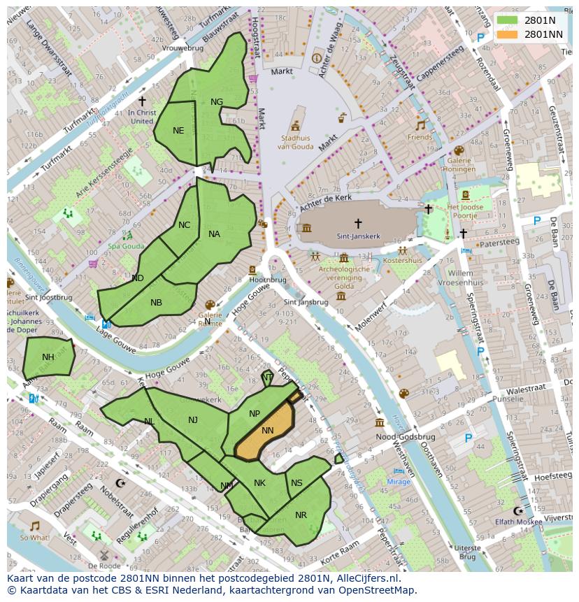 Afbeelding van het postcodegebied 2801 NN op de kaart.