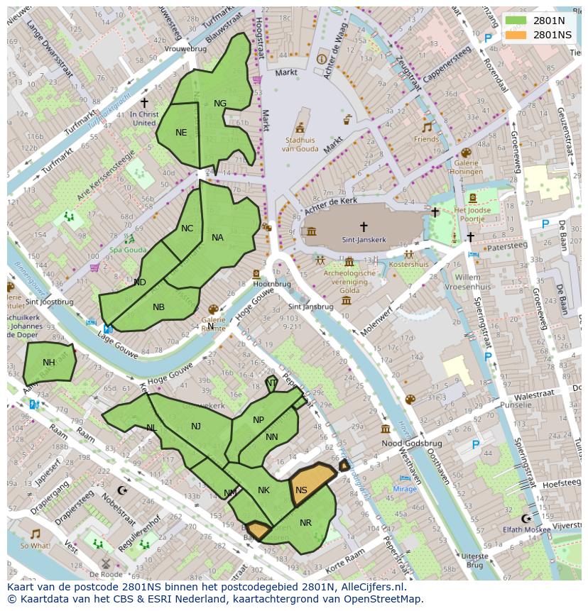Afbeelding van het postcodegebied 2801 NS op de kaart.