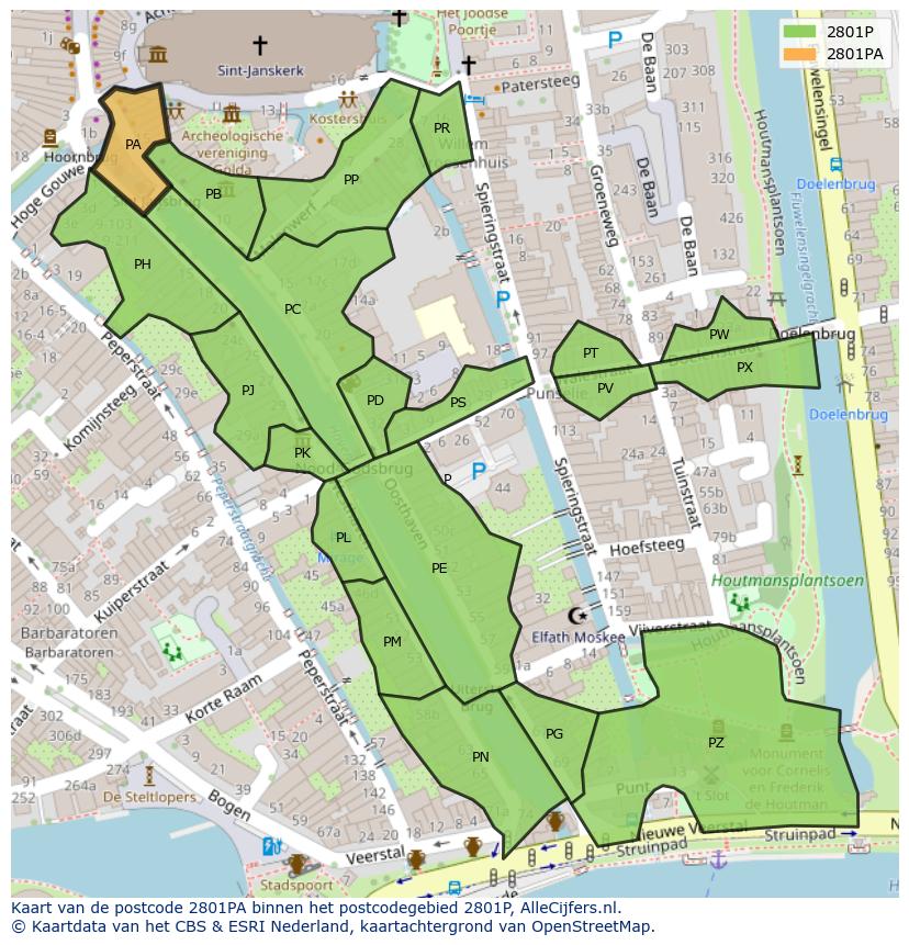 Afbeelding van het postcodegebied 2801 PA op de kaart.