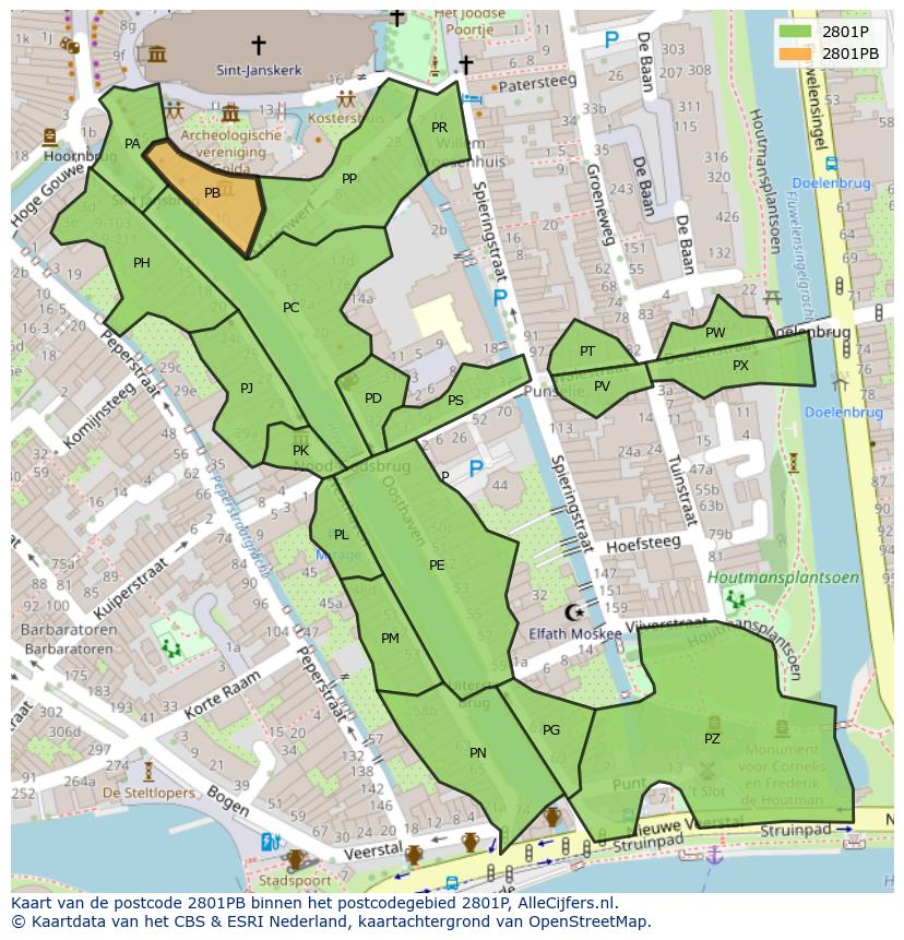 Afbeelding van het postcodegebied 2801 PB op de kaart.