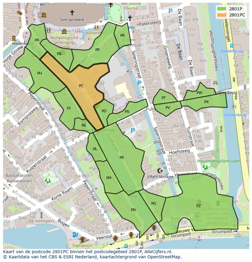 Afbeelding van het postcodegebied 2801 PC op de kaart.