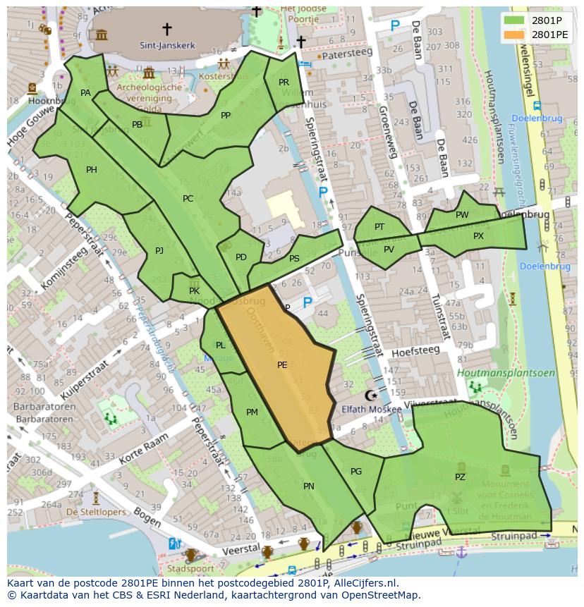Afbeelding van het postcodegebied 2801 PE op de kaart.