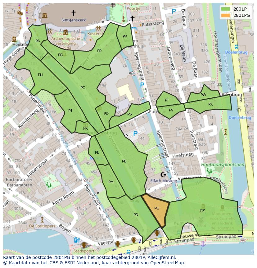 Afbeelding van het postcodegebied 2801 PG op de kaart.