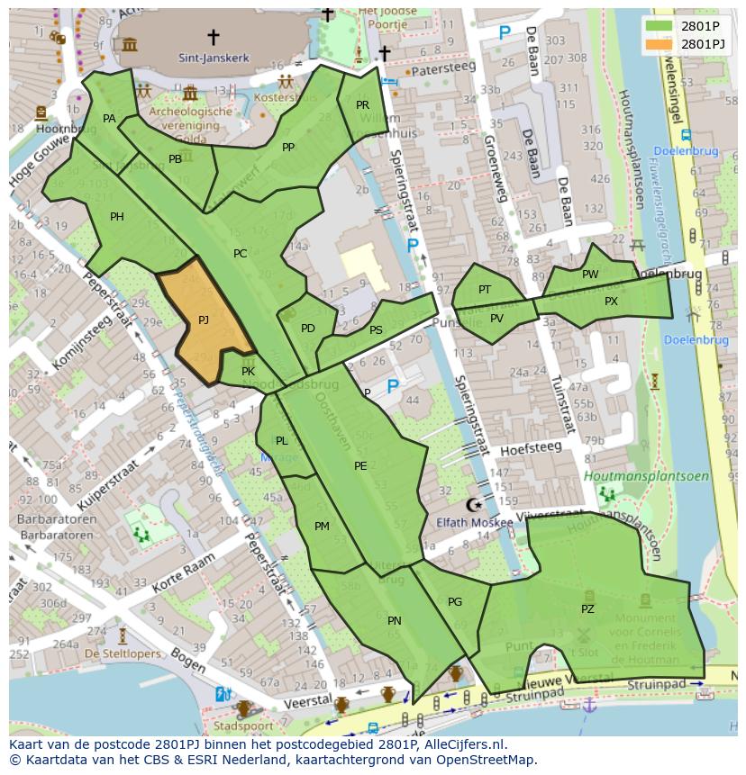 Afbeelding van het postcodegebied 2801 PJ op de kaart.