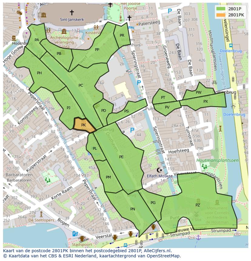 Afbeelding van het postcodegebied 2801 PK op de kaart.