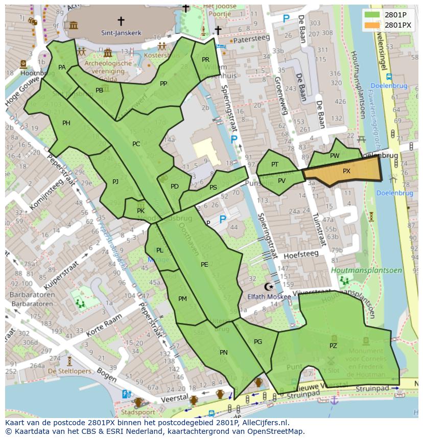 Afbeelding van het postcodegebied 2801 PX op de kaart.
