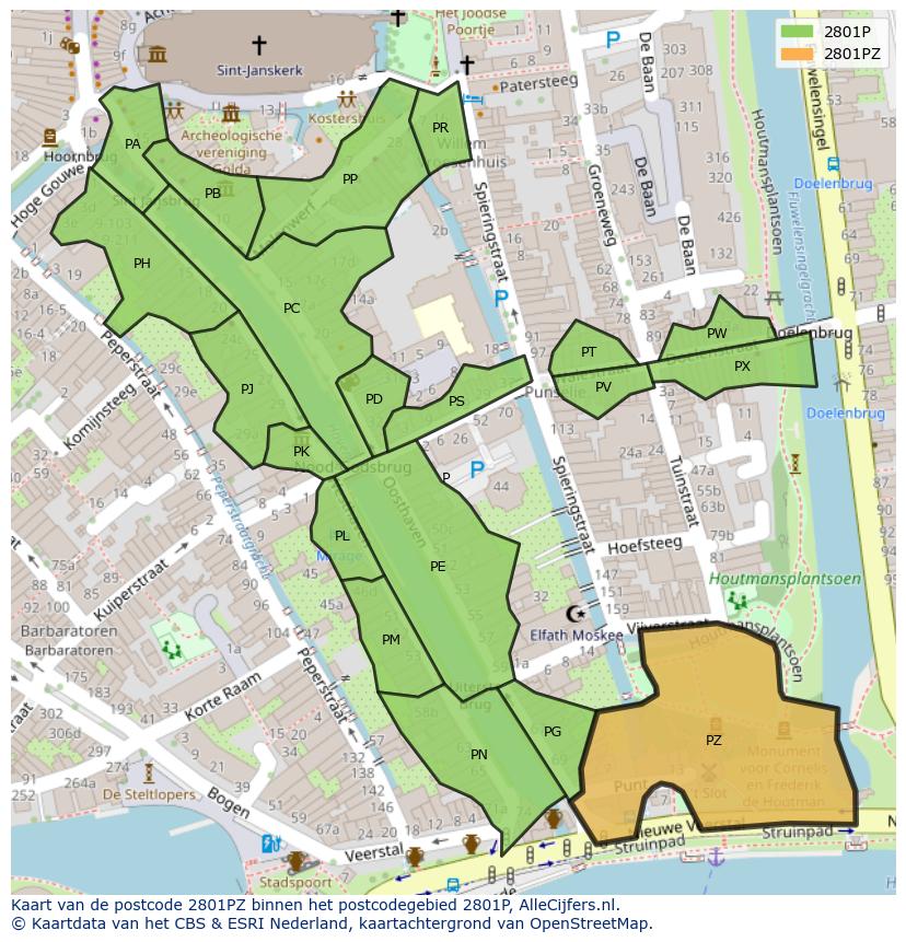 Afbeelding van het postcodegebied 2801 PZ op de kaart.