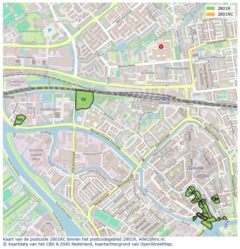 Afbeelding van het postcodegebied 2801 RC op de kaart.