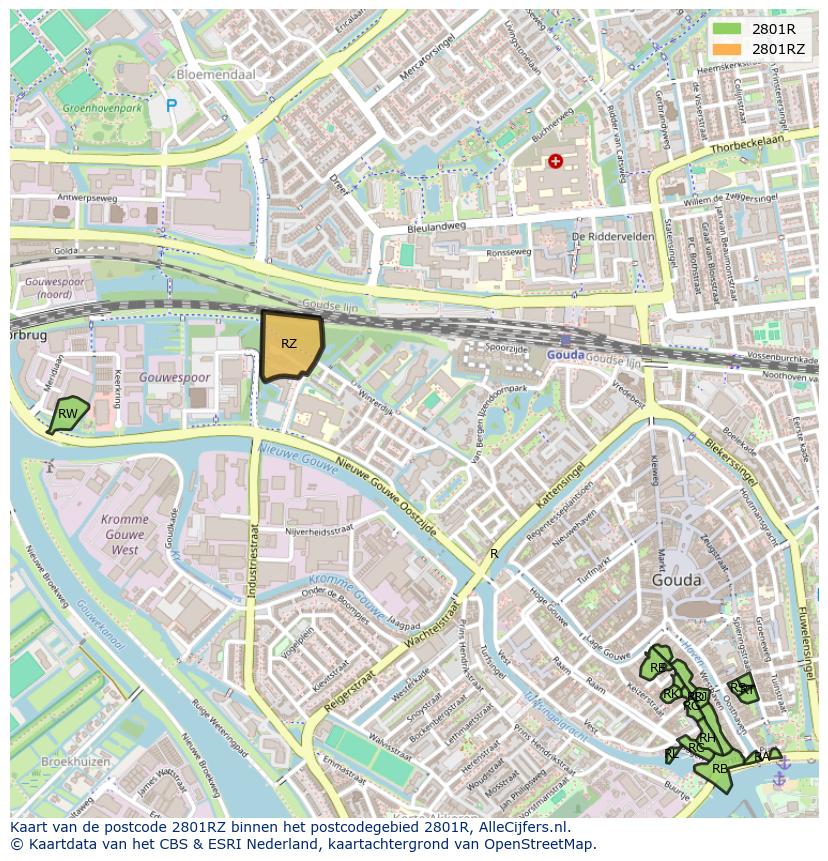 Afbeelding van het postcodegebied 2801 RZ op de kaart.