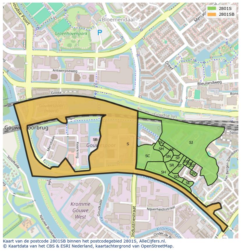 Afbeelding van het postcodegebied 2801 SB op de kaart.