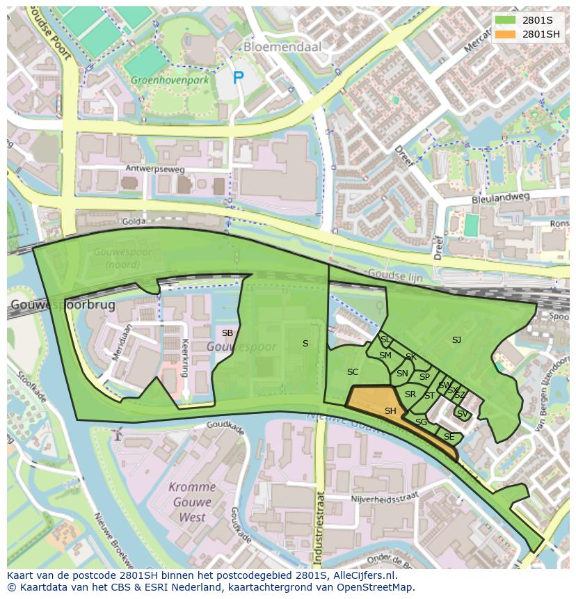 Afbeelding van het postcodegebied 2801 SH op de kaart.