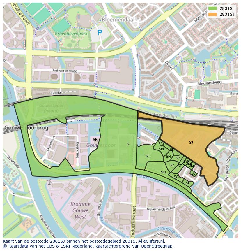 Afbeelding van het postcodegebied 2801 SJ op de kaart.