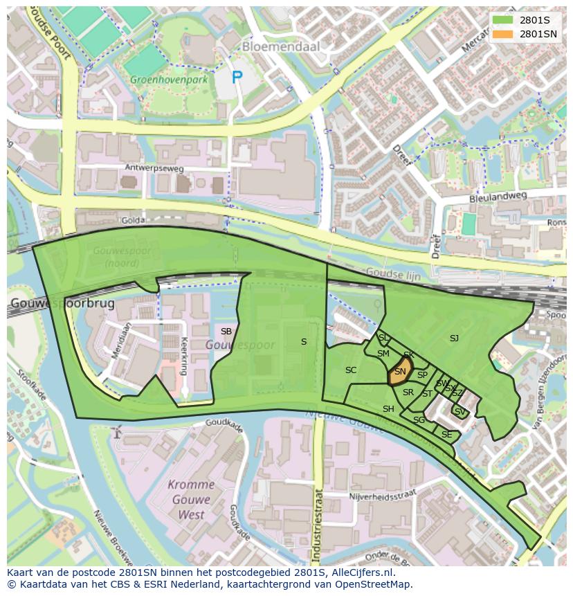 Afbeelding van het postcodegebied 2801 SN op de kaart.