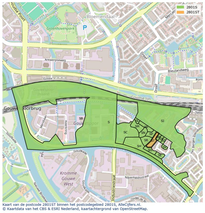 Afbeelding van het postcodegebied 2801 ST op de kaart.