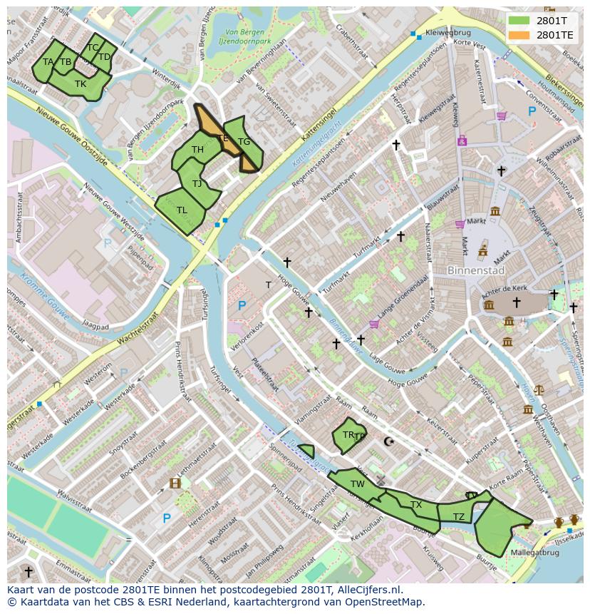Afbeelding van het postcodegebied 2801 TE op de kaart.
