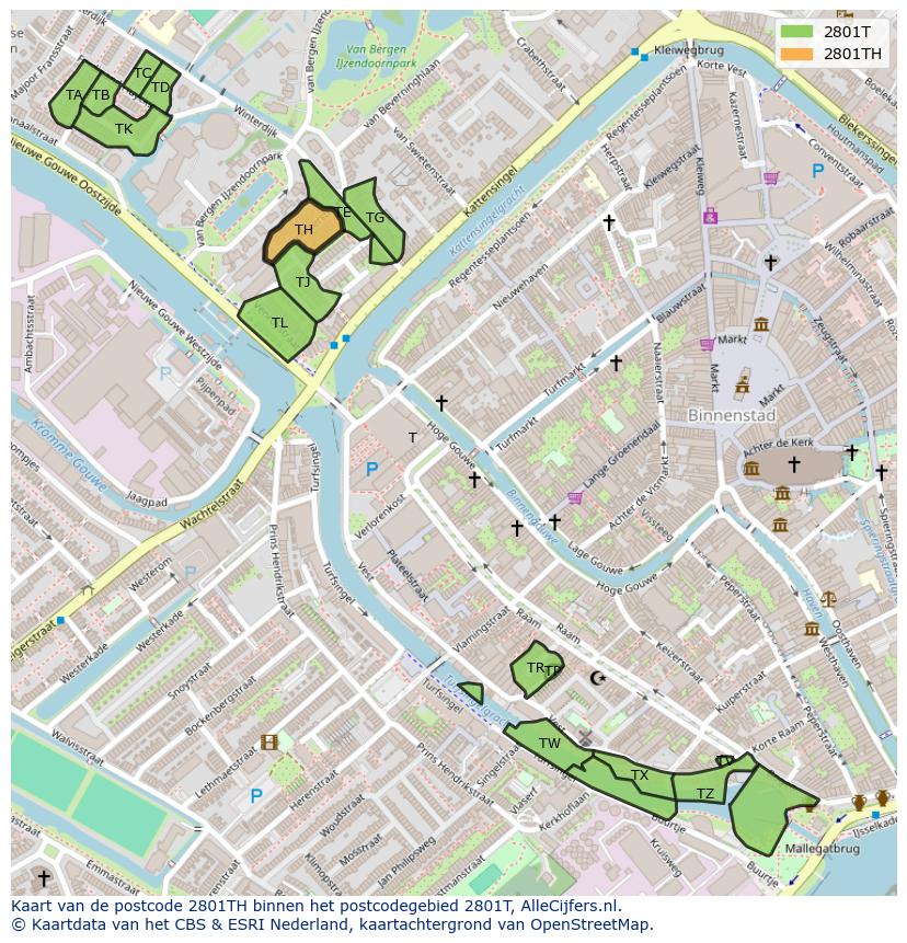 Afbeelding van het postcodegebied 2801 TH op de kaart.