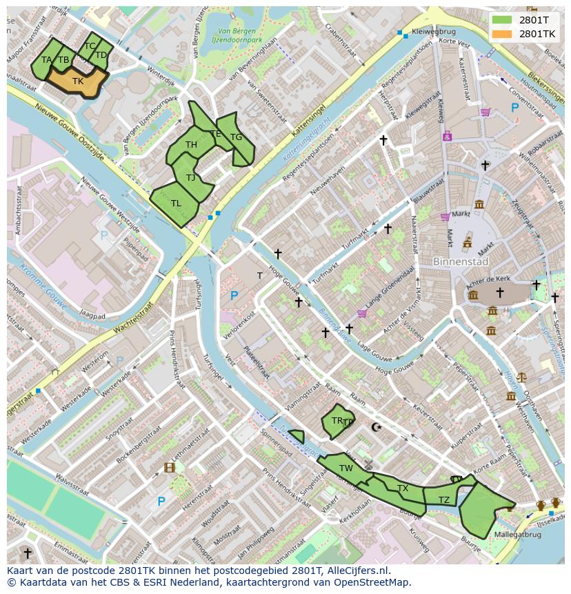 Afbeelding van het postcodegebied 2801 TK op de kaart.