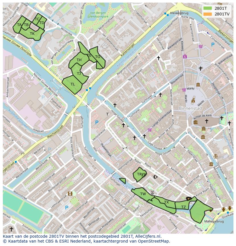 Afbeelding van het postcodegebied 2801 TV op de kaart.