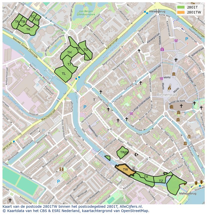 Afbeelding van het postcodegebied 2801 TW op de kaart.
