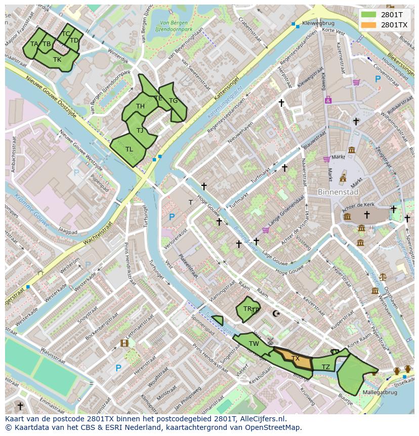 Afbeelding van het postcodegebied 2801 TX op de kaart.